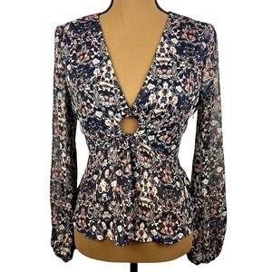 SAGE The Label Low Cut O-Ring Long Sleeved Semi-Sheer Floral Blouse Black Size S